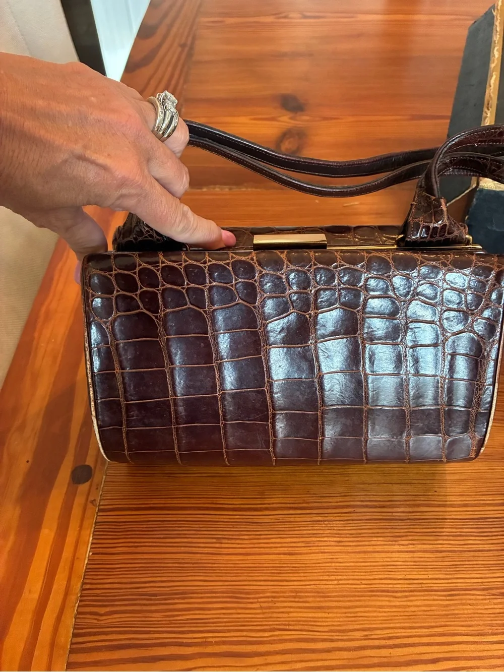 Croc-Embossed Dark Brown Leather Handbag